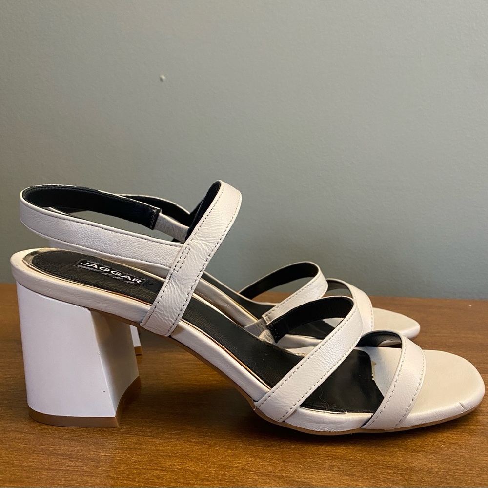 Jaggar White Strappy Leather Slingback Sandal Block Heels